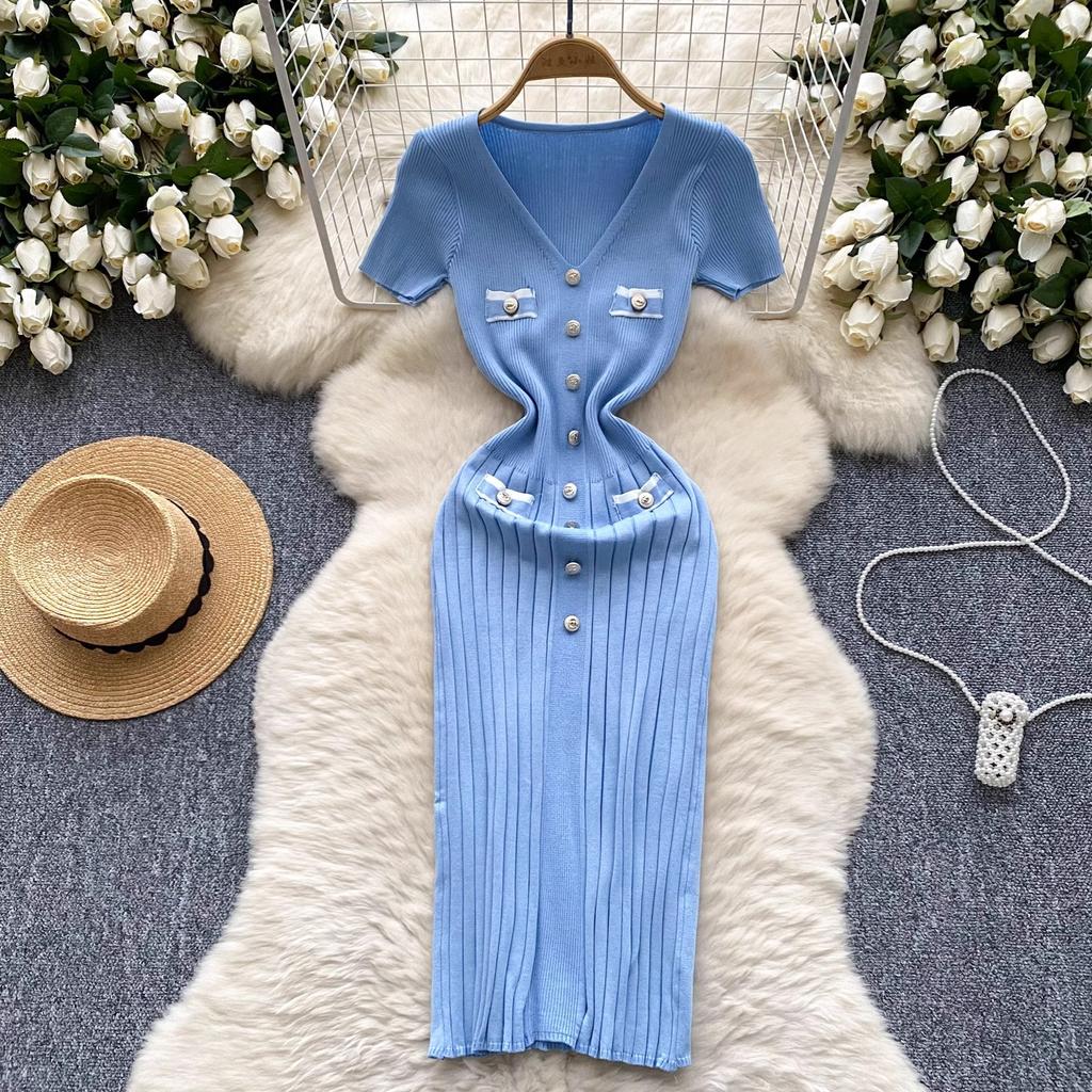 Harajuku Chic Fashion Sexy Package Hips Large Stretch Knitted Dress French New Elegant V-образным вырезом Buttons Office Lady Bodycon Dresses