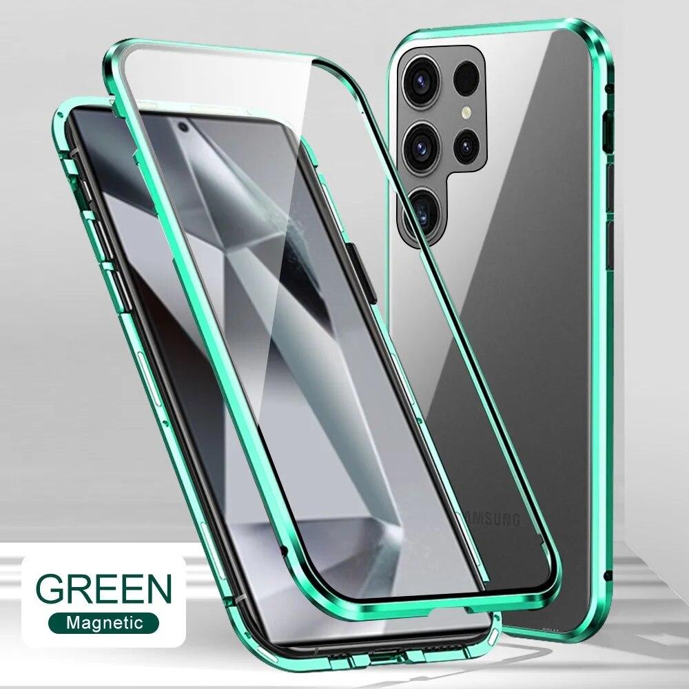Магнитный чехол для телефона на 360° для Samsung Galaxy S24 S23 S22 Ultra S20 FE A14 A24 A34 A54 A13 A23 A33 A53 A52, защитная оболочка из закаленного стекла с полным покрытием