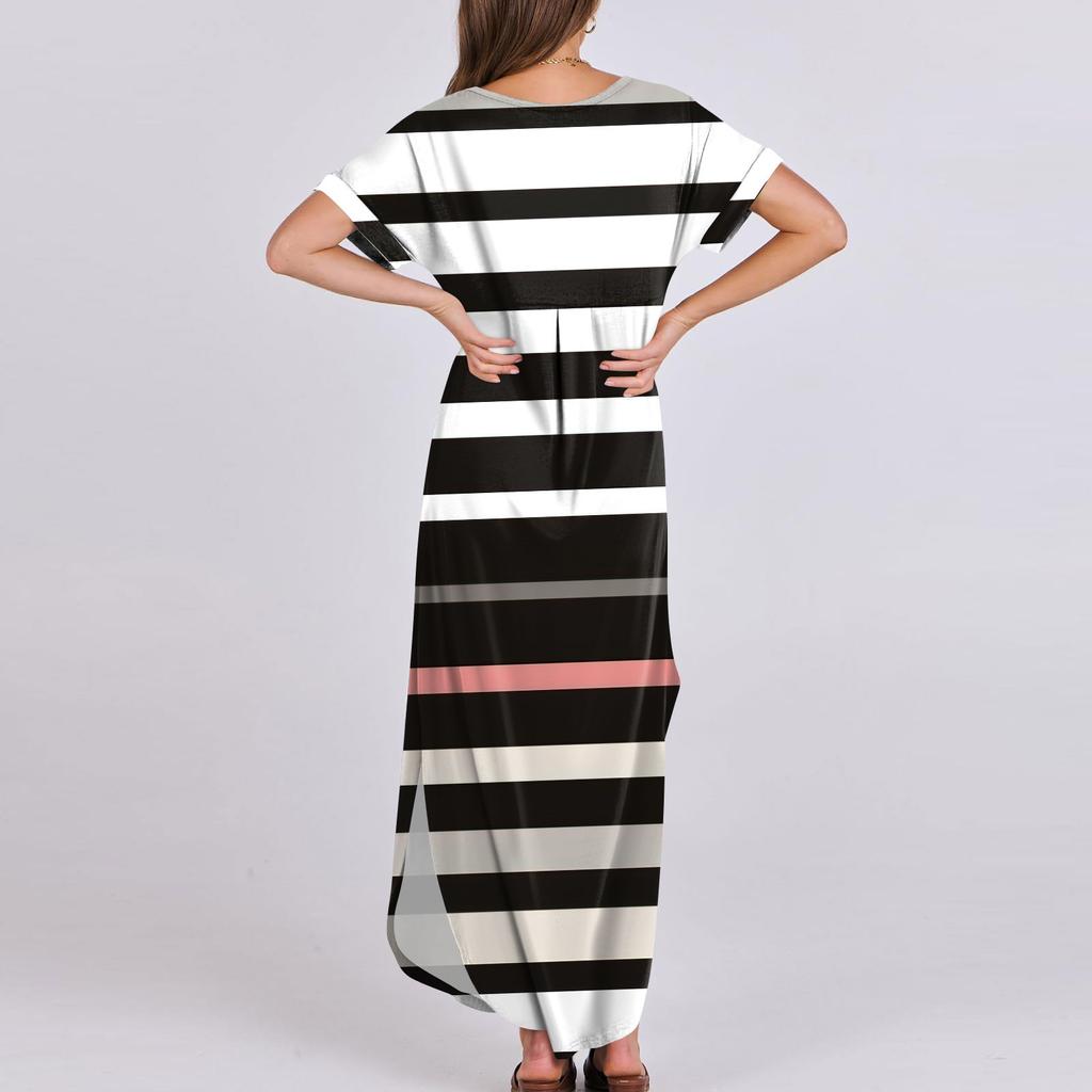 Женские летние повседневные свободные пляжные макси длинные платья с V-образным вырезом и короткими рукавами, модные наряды