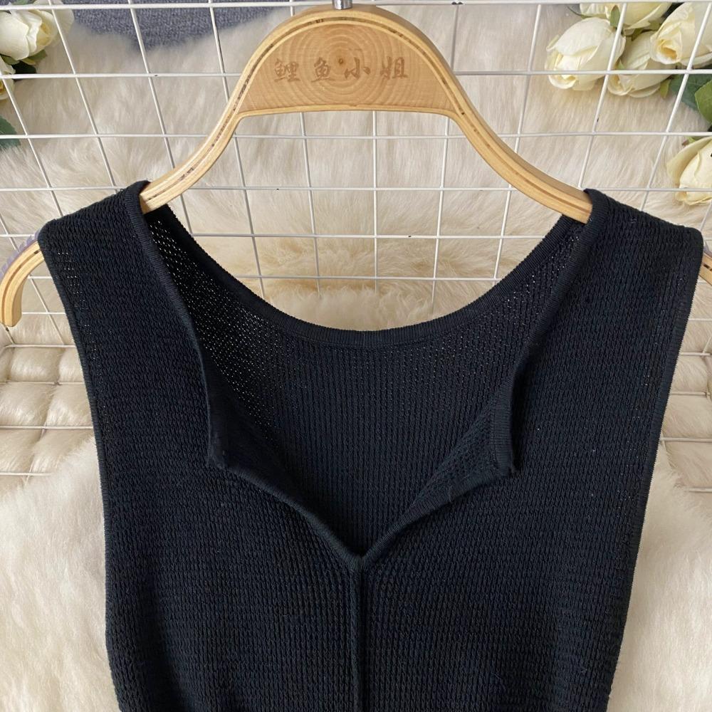 Foamlina Pure Color Knitting Dress для женщин Элегантный V-образный вырез без рукавов Летняя мода Тонкий вырез вечернее длинное платье