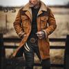 Men Jacket Large Plush Lapel Long Sleeve Vintage Suede Jacket with Pockets Zipper Up Mid-length Motorcycle Coat