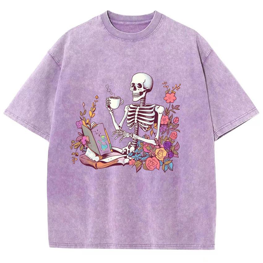 Модный трендовый стиль Футболка женская с принтом черепа и чая, выстиранный деним, свободная, с короткими рукавами, летняя, базовая