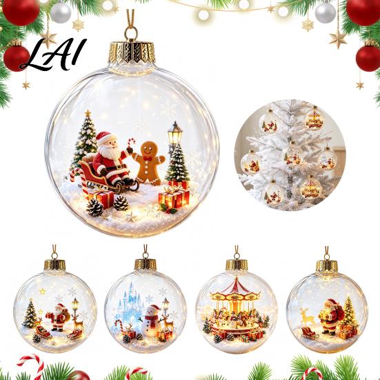 Hanging Holiday Decor Glowing Christmas Ball Ornaments Light-Up with Mini Scene Acrylic Clear Indoor Ornaments Tree Warm LED Light for Home Window