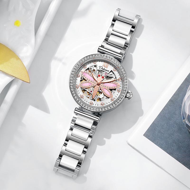 Dulunwe Automatic Mechanical Watches for Women Fashion Waterproof Watch with Dragonfly Dial for Ladies Gifts Diamond Watches