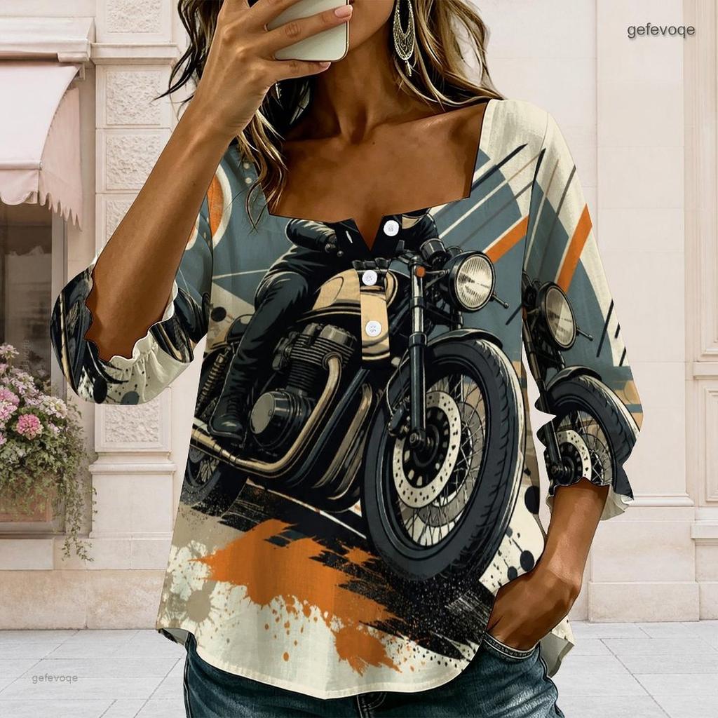 Womens Plus Size Square Neck Long Sleeve Front Button Elegant Soft Loose Comfortable Weekend Ladies Blouse