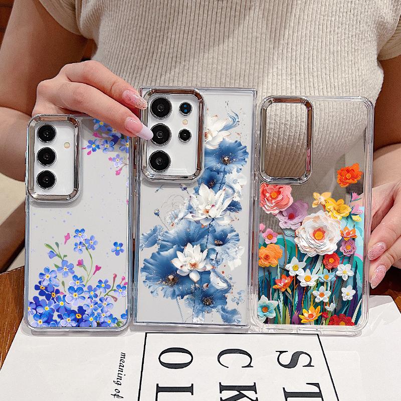 Чехол с принтом «Цветы» для Samsung S26 S25 Ultra S24 FE S23 Plus S22 S21 A15 A16 A17 A35 A36 A37 A54 A55 A56 A57 5G С покрытием линз Мягкая крышка
