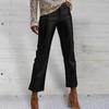 Women Pants Slim Fit Glossy Smooth Surface Faux Leather Pockets Mid Waist Zipper Button Closure Soft Breathable Club Party Lady Ninth Pants