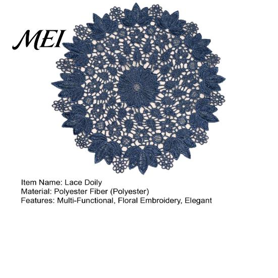 Tea Tray Mats Round Lace Doily, Dark Blue Floral Placemat, Embroidered Table Thickened Polyester Doilies Mat, Heat-resistant for Home Decoration