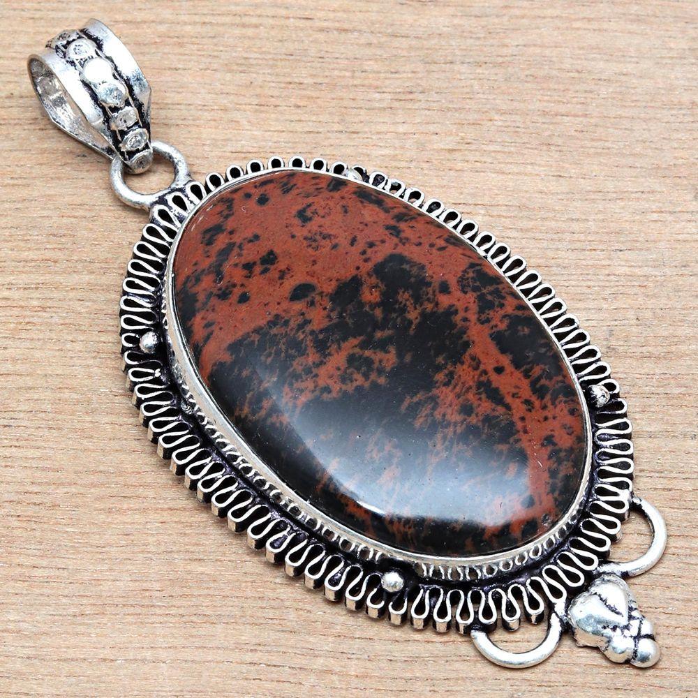 Necklace Mahogany Obsidian Gemstone Gift For Her Silver Jewelry 2.25"