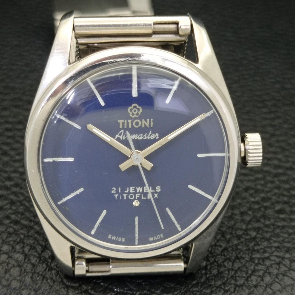 ВИНТАЖНЫЕ ЧАСЫ TITONI AIRMASTER С РУЧНЫМ ЗАВОДОМ TITOFLEX ШВЕЙЦАРСКИЕ МУЖСКИЕ СИНИЕ ЧАСЫ a436444-2