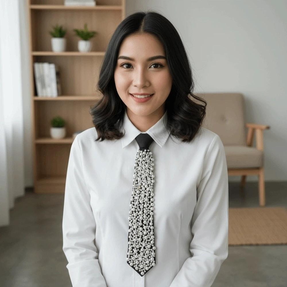 Korean Style Full Pearls Tie Black Decoration Shirt Tie Hand-beaded Long Necktie Students