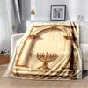 Seven Candles Menorah Vintage Golden Floral Frame Black Print Soft Flannel Throw Blanket Sofa Bed Jewish Holiday Warm Decor Cover