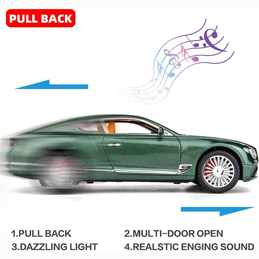 1/24 Bentley Continental GT Model Car, Alloy Diecast Collectible Pull Back Car Toy, with Sound and Light, Door Can Be Opened for Boys Girls Gift