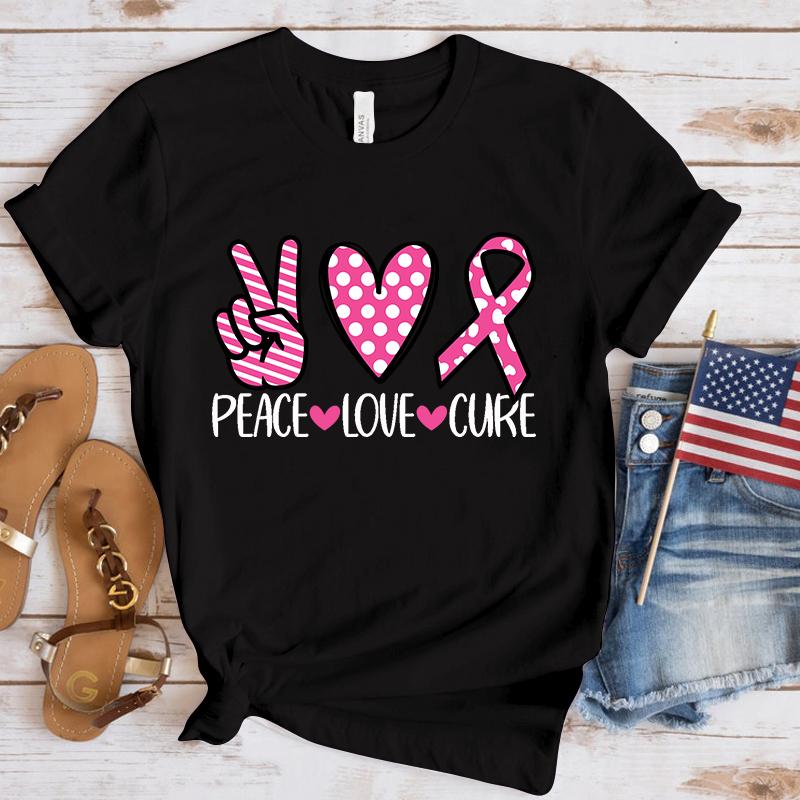 Новая Забавная Футболка с Принтом 'Мир Любовь Исцеление' для Повышения Осведомленности о Раке Груди, Унисекс, Короткий Рукав, Круглый Вырез, Летняя Повседневная Футболка с Буквами, Топ