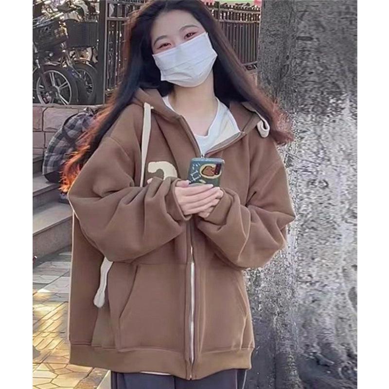 Women Plus Size Sweatshirt Autumn Loose Top Zip Cardigan Hooded Jacket