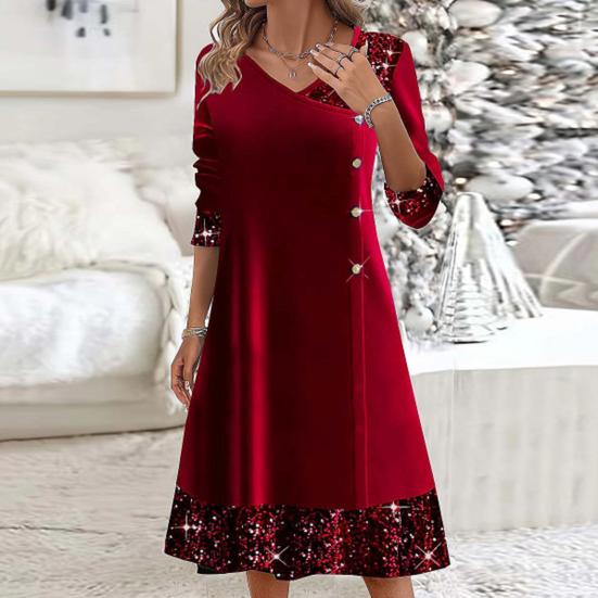 Fall Winter Women Dress Shiny Sequin Patchwork V Neck A-line Big Swing Long Sleeve Button Decor Solid Color Soft Warm Mid-calf Length Lady Midi Dress