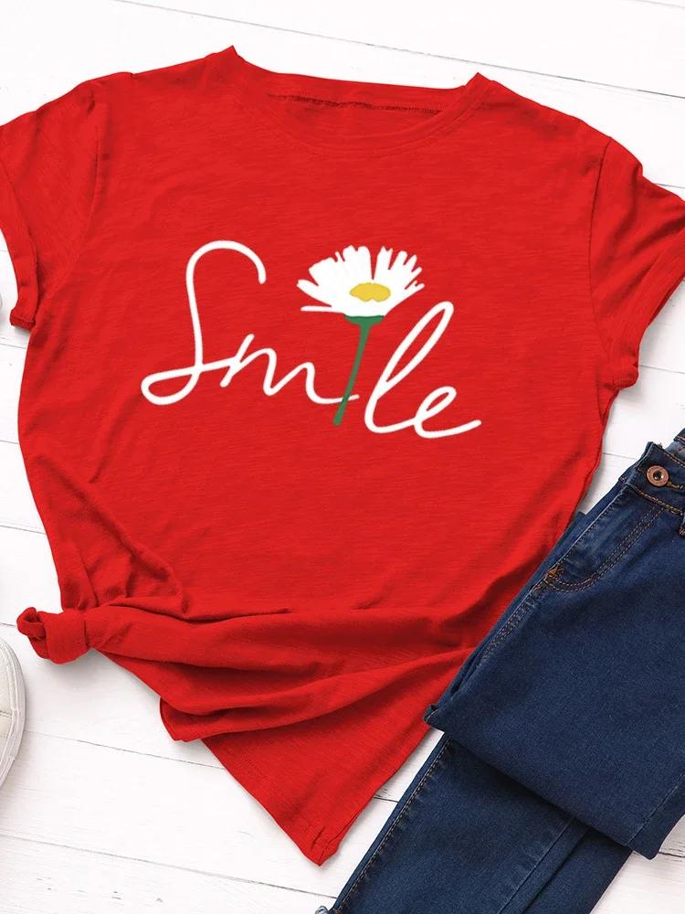 Полевые цветы Улыбка Принт Письма Женская Футболка Короткий Рукав Круглый Вырез Свободная Женская Футболка Женская Футболка Топы Camisetas Mujer