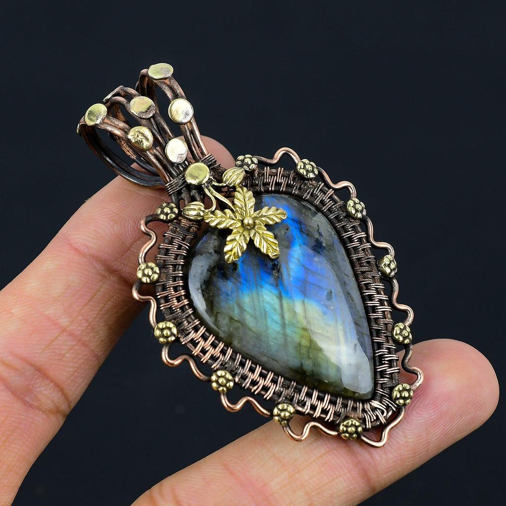 Labradorite Gemstone Copper Wire Wrap Handmade Beautiful Pendant Jewelry Gift For Love