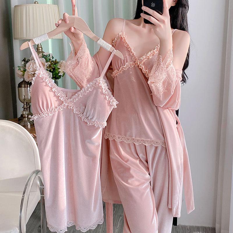 Golden Velvet Women's Winter Pajama Set: Korean Style with Lace, Chest Pads, Camisole & Long Pants - Girlish & Sweet Four-Piece Ensemble
