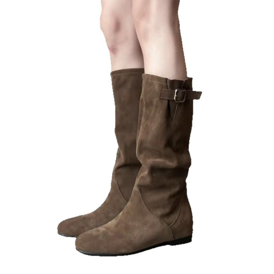 Сапоги на меху женские плоские французские ретро тонкие средней длины универсальные ленивый ветер но сапоги до колена модные сапоги женские