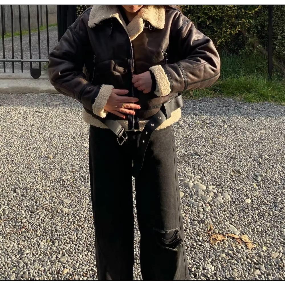 Женская мода толстая теплая искусственная овчина куртка пальто винтажная с длинным рукавом пояс подол женская верхняя одежда