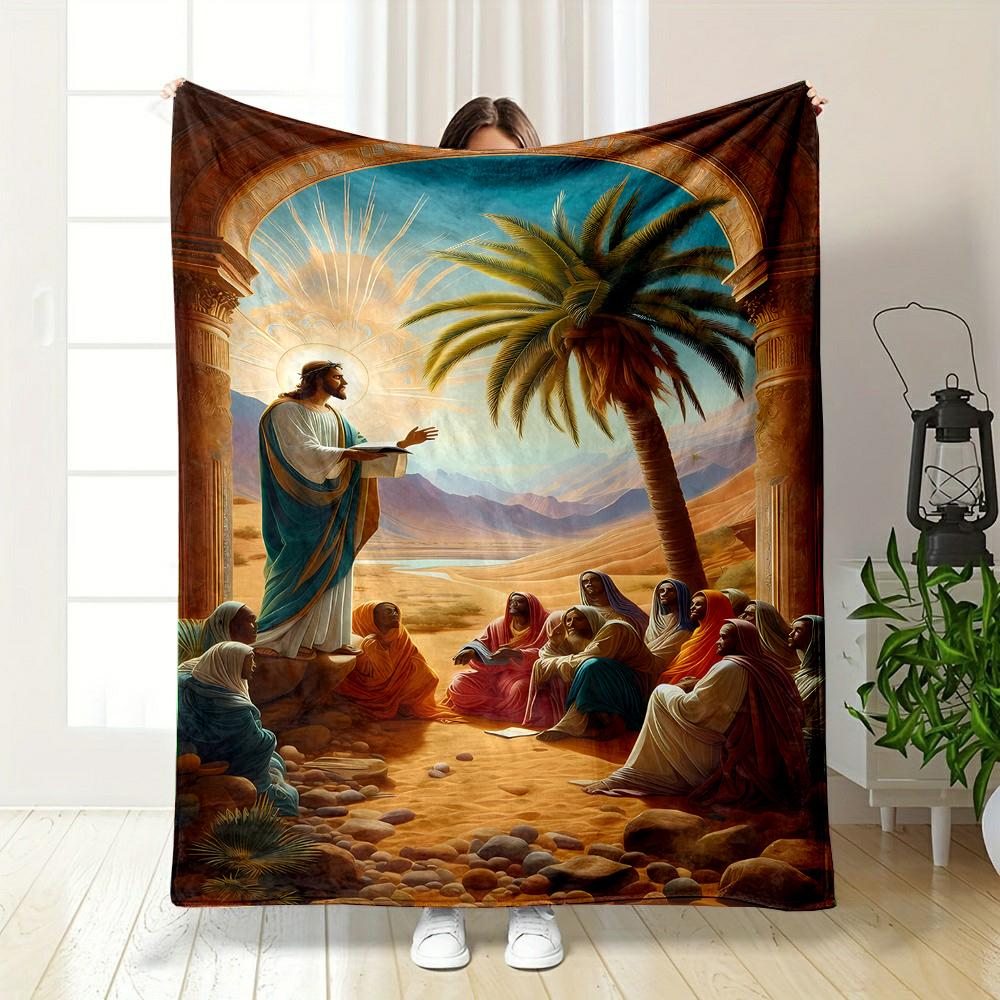 Sermon Under Palm Tree in Desert Scene Patterned flannel blanket perfect for the bedroom living room, sofa, or a little nap