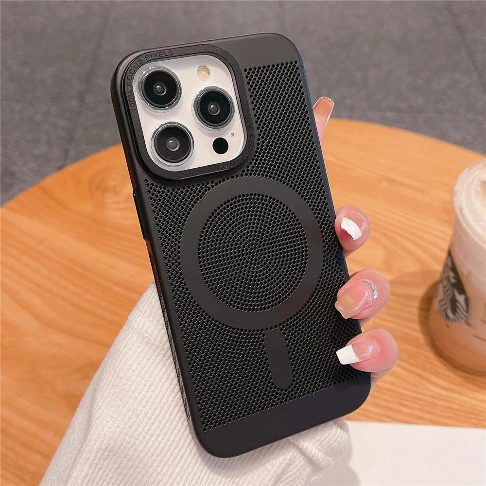 Ultra Thin Heat Dissipation Mesh Grid Magnetic Case for iPhone 15 13 12 14 11 Pro Max Matte Hard Steel Magsafing Shockproof Cove