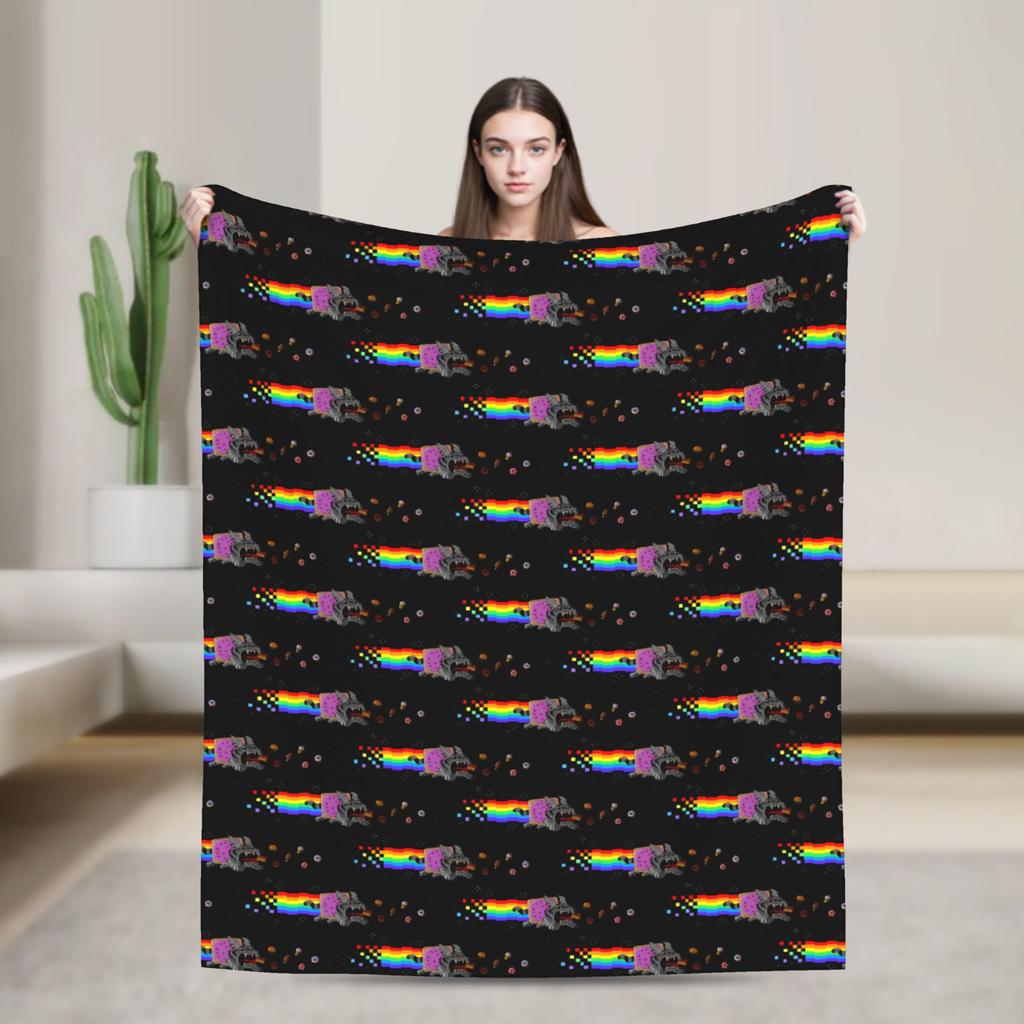 Cat Rainbow Pixel Space Nyans Blanket Flannel Textile Decor Multifunction Soft Throw Blankets for Bedding Couch Rug Piece
