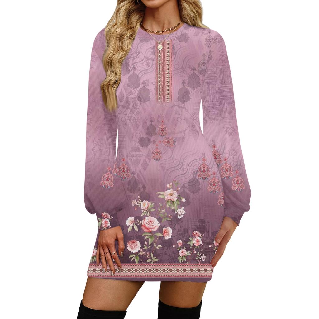 Женское модное повседневное платье с круглым вырезом и длинными рукавами