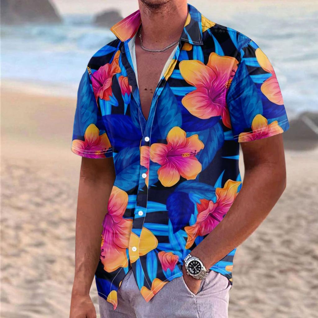 Men's Summer New Loose Print Short Sleeve Shirt Cardigan Beach Shirt