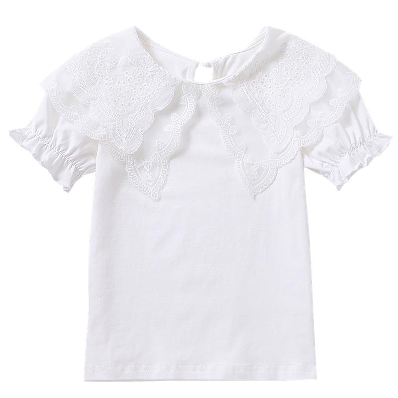 Премиальная хлопковая футболка с белым кружевным воротником для девочек - Летняя с коротким рукавом для детей