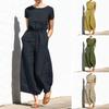 Women Jumpsuit Short Sleeves Solid Color Cotton Linen Summer Loose Wide Leg Lady Romper Clothes Dress-up Clothing