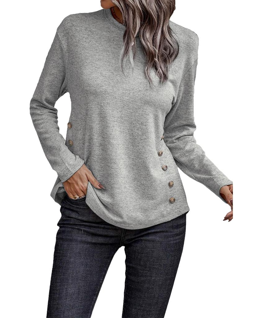 Azura Exchange Gray Side Buttons Crew Neck Knit Top