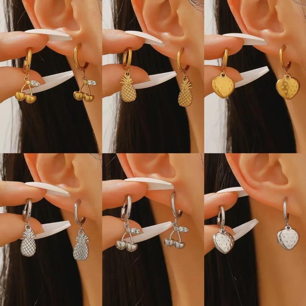 Temperament Sweet Inlay Zircon Gold Color Cherry Strawberry Pineapple Pendant Hoop Earrings for Women Stainless Steel Jewelry