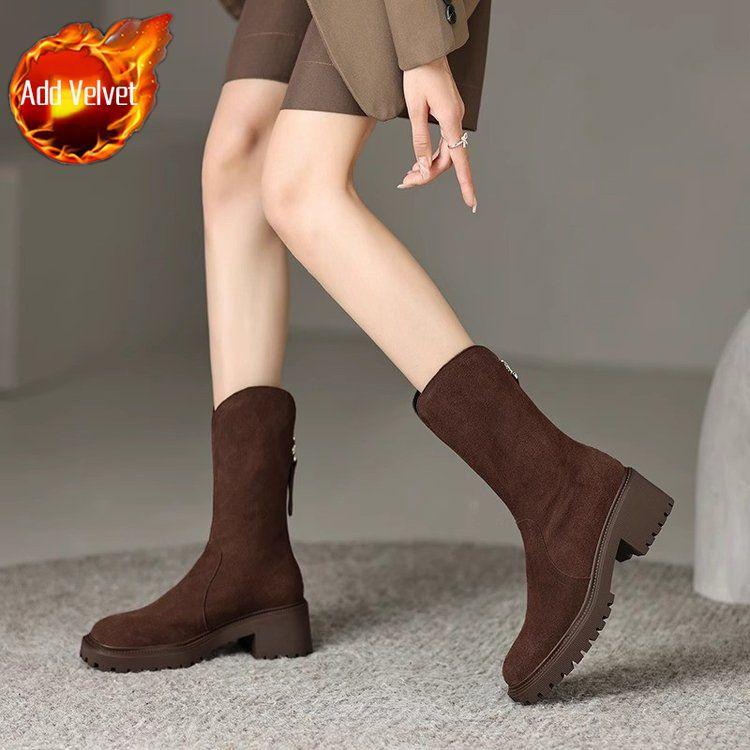 Fashion Elegant Heeled Suede Ladies Mid Calf Shoes Fleece-Lined Footwear Comfortable 2025 New Waterproof Gyaru Women's Half High Boots