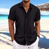 Men's Cotton Linen Striped Jacquard Short Sleeve Casual Shirt