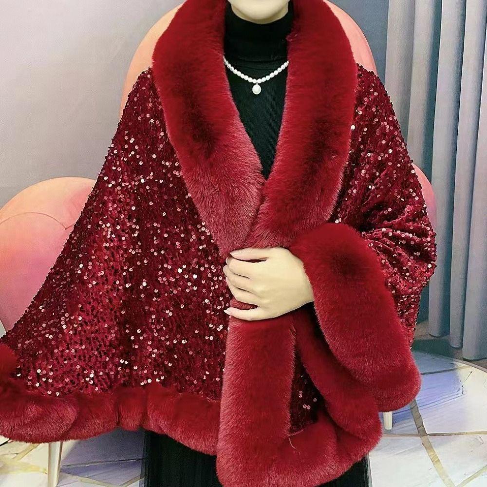 Warm Plush Shawl Autumn Winter Thicken Cardigan Soft Fur Collar Sequined Shawl