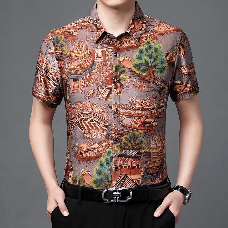 New Men's Digital Pattern Stretch Short-Sleeved Shirt Men's Gentleman Business Plus Size Short-Sleeved Shirt