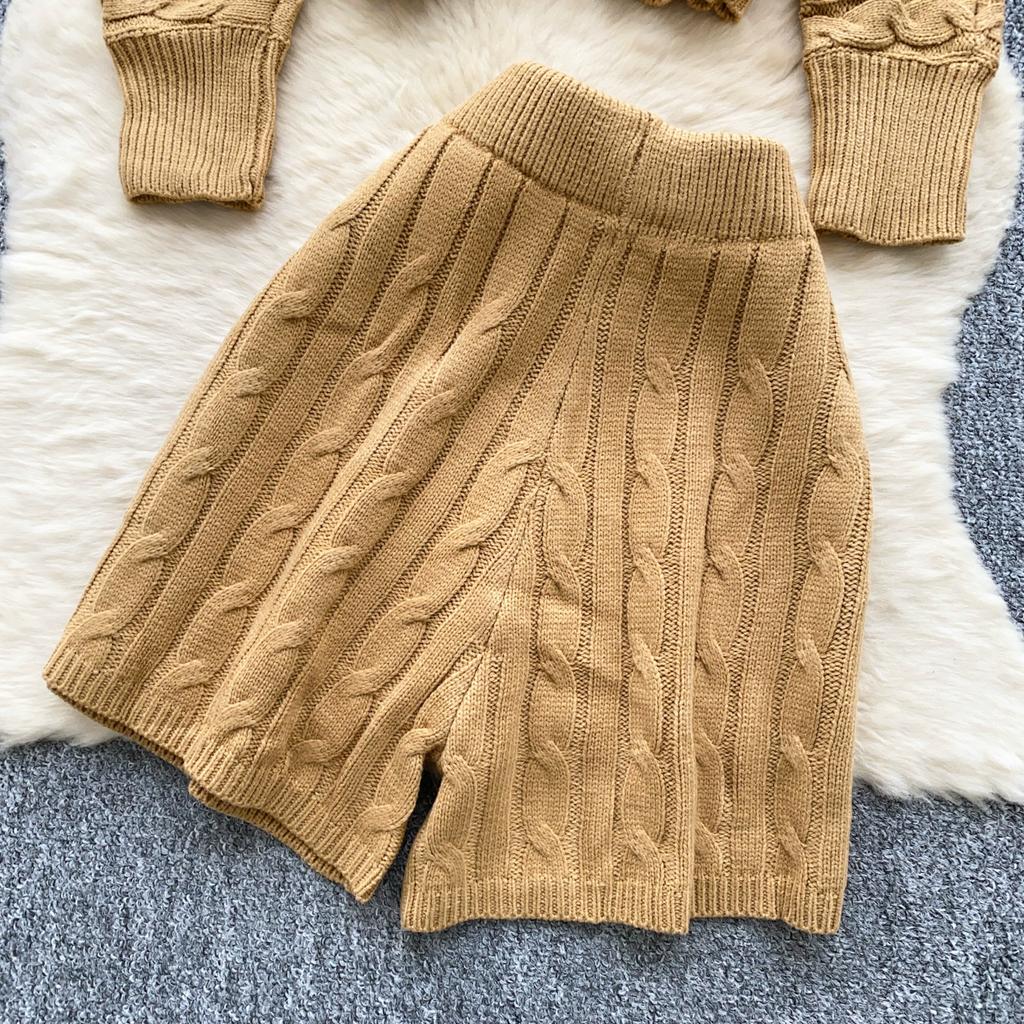Autumn Winter Women Casual Knitted Twist Sweater Pant Two Piece Set Lapel Horn Button Cardigan Jacket and Elastic Waist Shorts Tracksuit