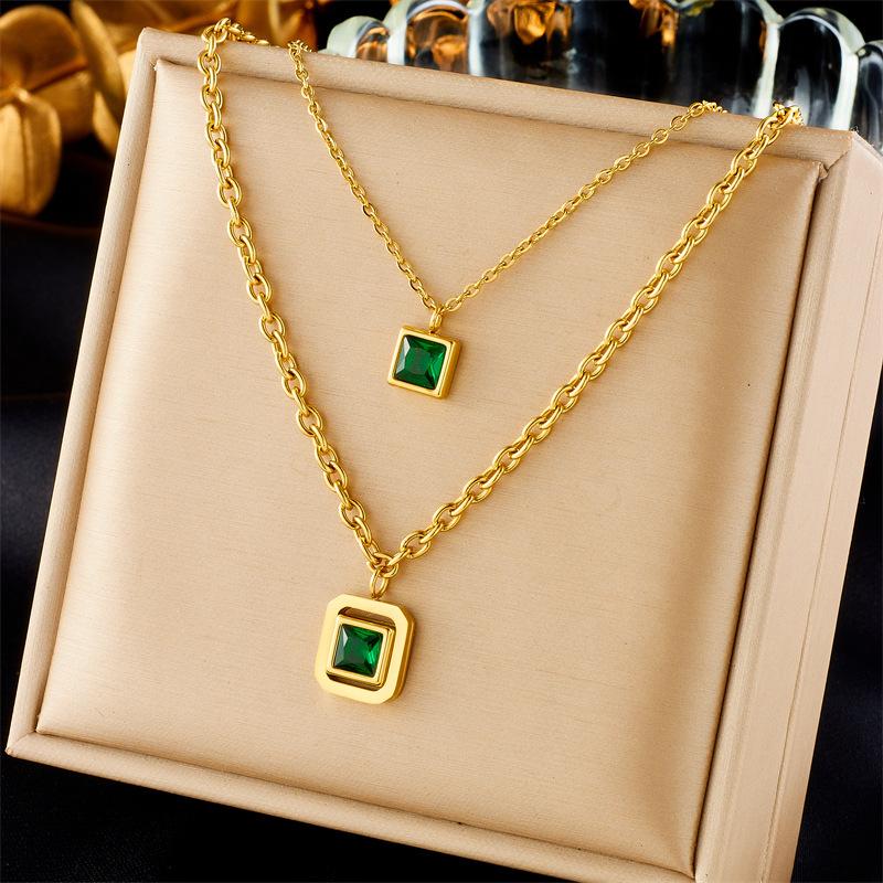 Vintage Fashion Cubic Zirconia Block Chain Pendant Titanium Steel Gold Necklace