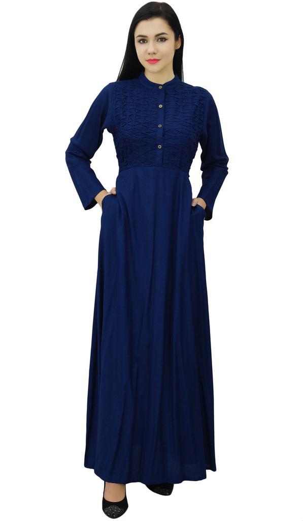 Bimba Женское черное платье-джильбаб с воротником-стойкой и карманами, длинный рукав-10