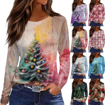 Женская мода повседневный топ с разрезом по низу и рождественским принтом с круглым вырезом и длинными рукавами