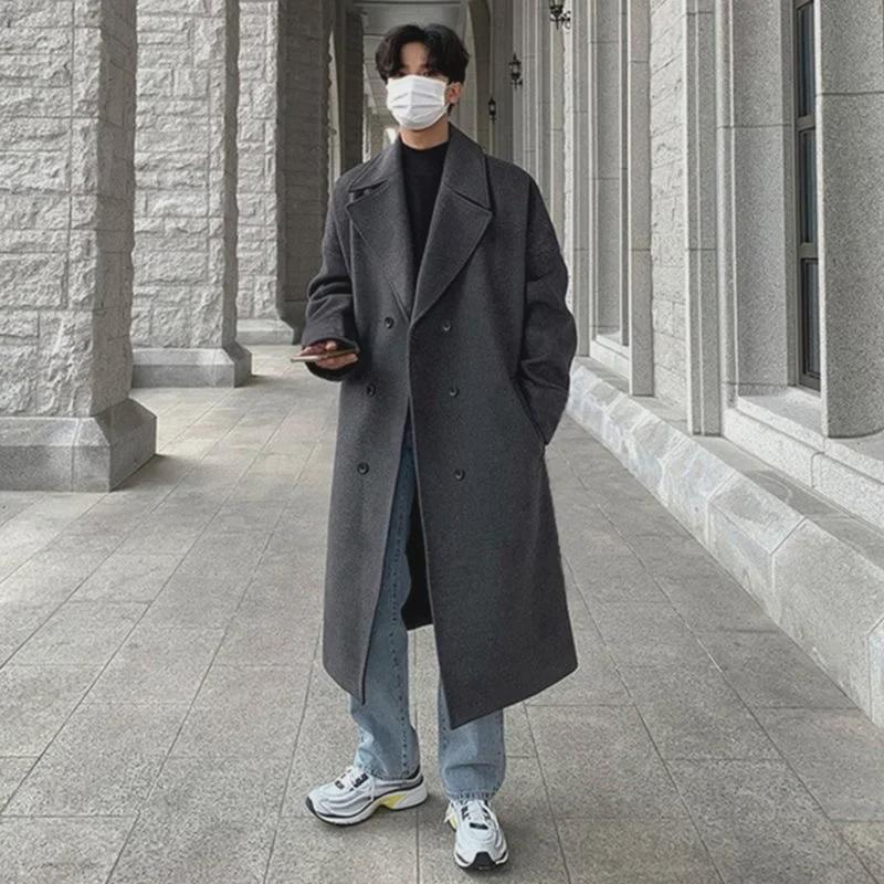 Men's Mid-Length Double-Breasted Wool Coat with Suit Collar