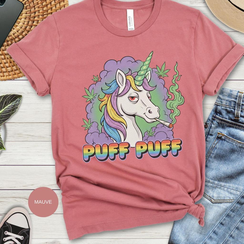Puff Puff Unicorn Funny Weed Shirt: Rainbow Mane Graphic Tee, Playful Stoner Humor | Unique Magical Creature, Casual Wear