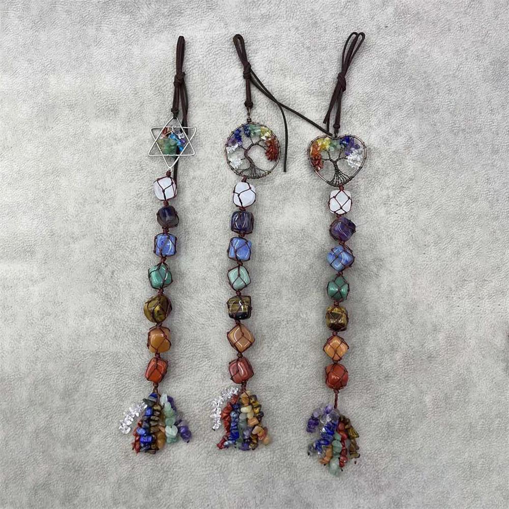 Hand Woven Healing Natural Stone 7 Chakra Energy Car Rearview Mirror Decor Ornament Gems Chip Tassel Tree of Life Car Hanging
