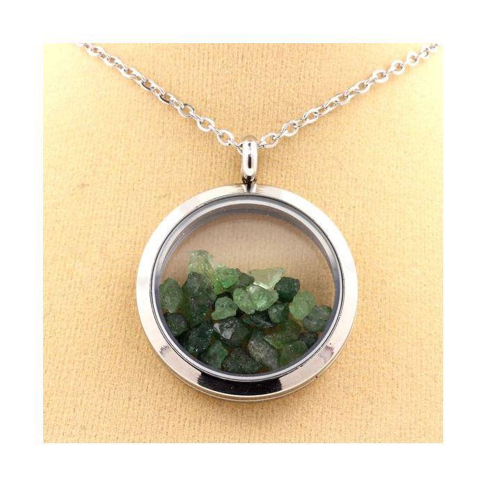 Stones and Minerals. Raw Tsavorite Garnet Necklace. 25 Mm Medallion Model. Color Silver.