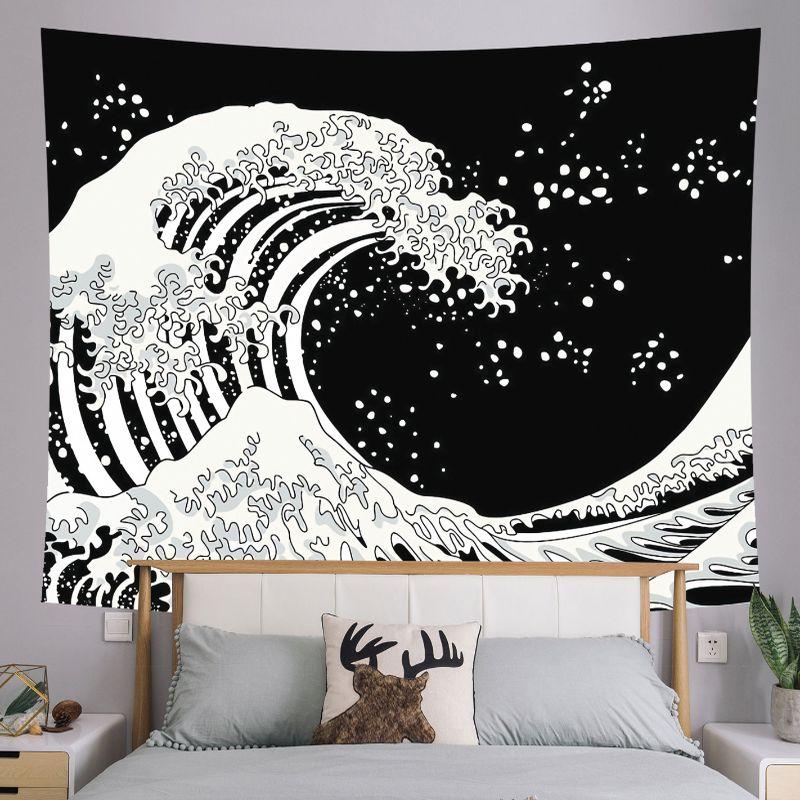 Black and White Mountains Rivers Waves Skeleton Star Moon Tapestry Retro Wall Hanging Bedroom Dormitory Home Decoration