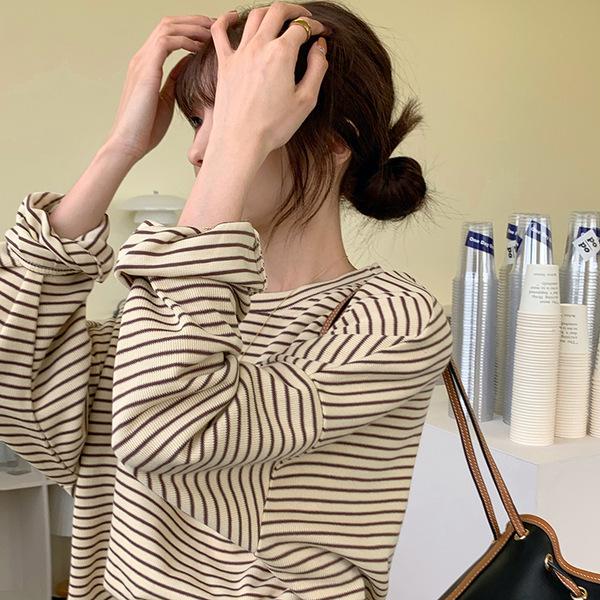 Женская полосатая футболка с длинным рукавом свободного кроя - Круглый вырез, Универсальный слой для весны/осени/зимы