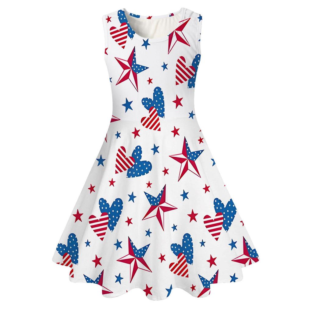 Summer Casual Loose Print Sweet Girl Sleeveless Princess Independence Day Dress