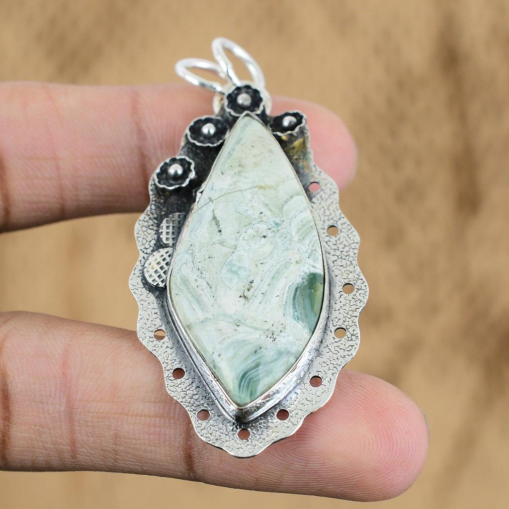 Natural Variscite Gemstone Pendant 925 Sterling Silver Indian Jewelry For Girls